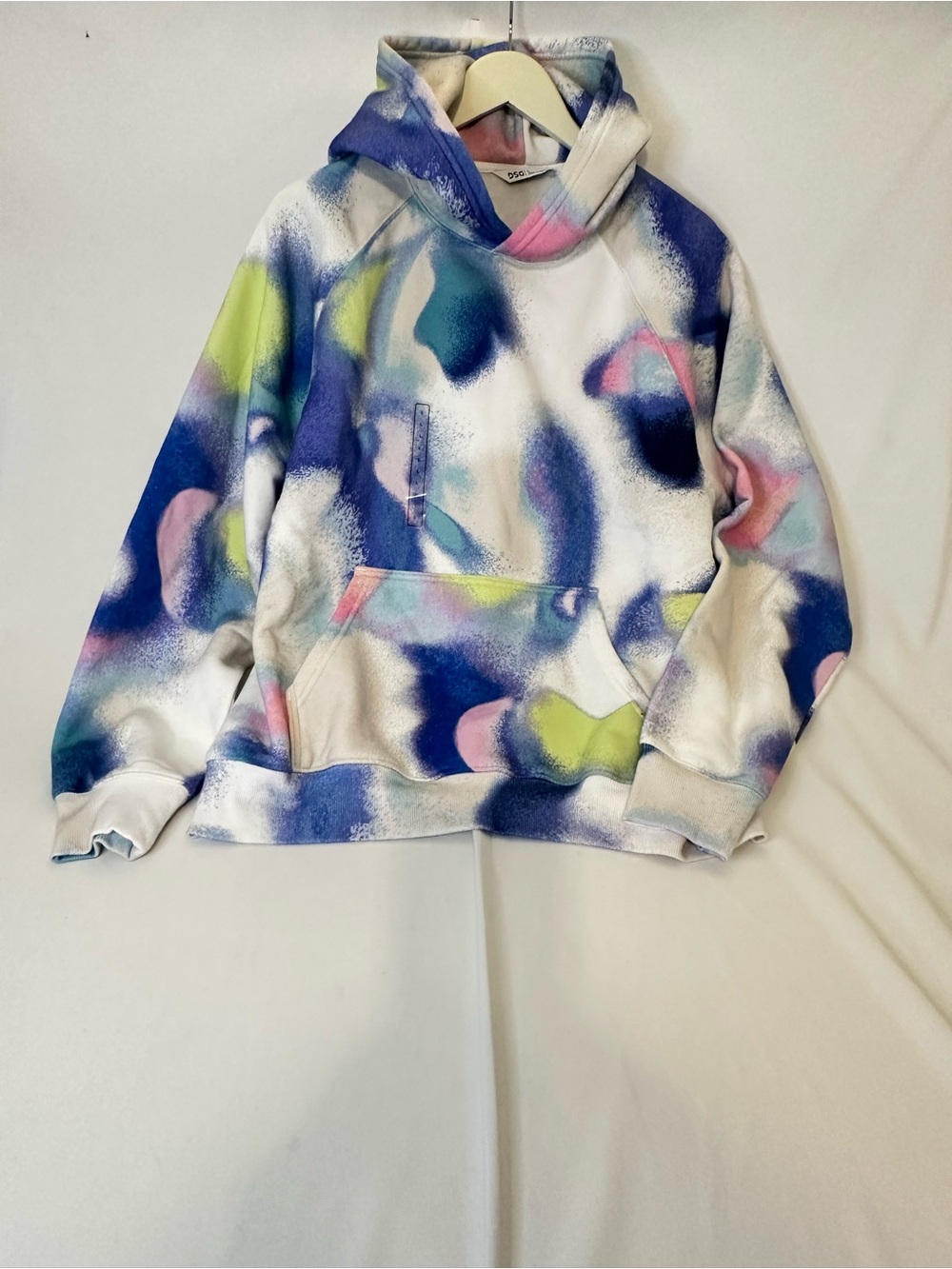 DSG White Hoodie with Blue, Pink & Lime Spray-Print